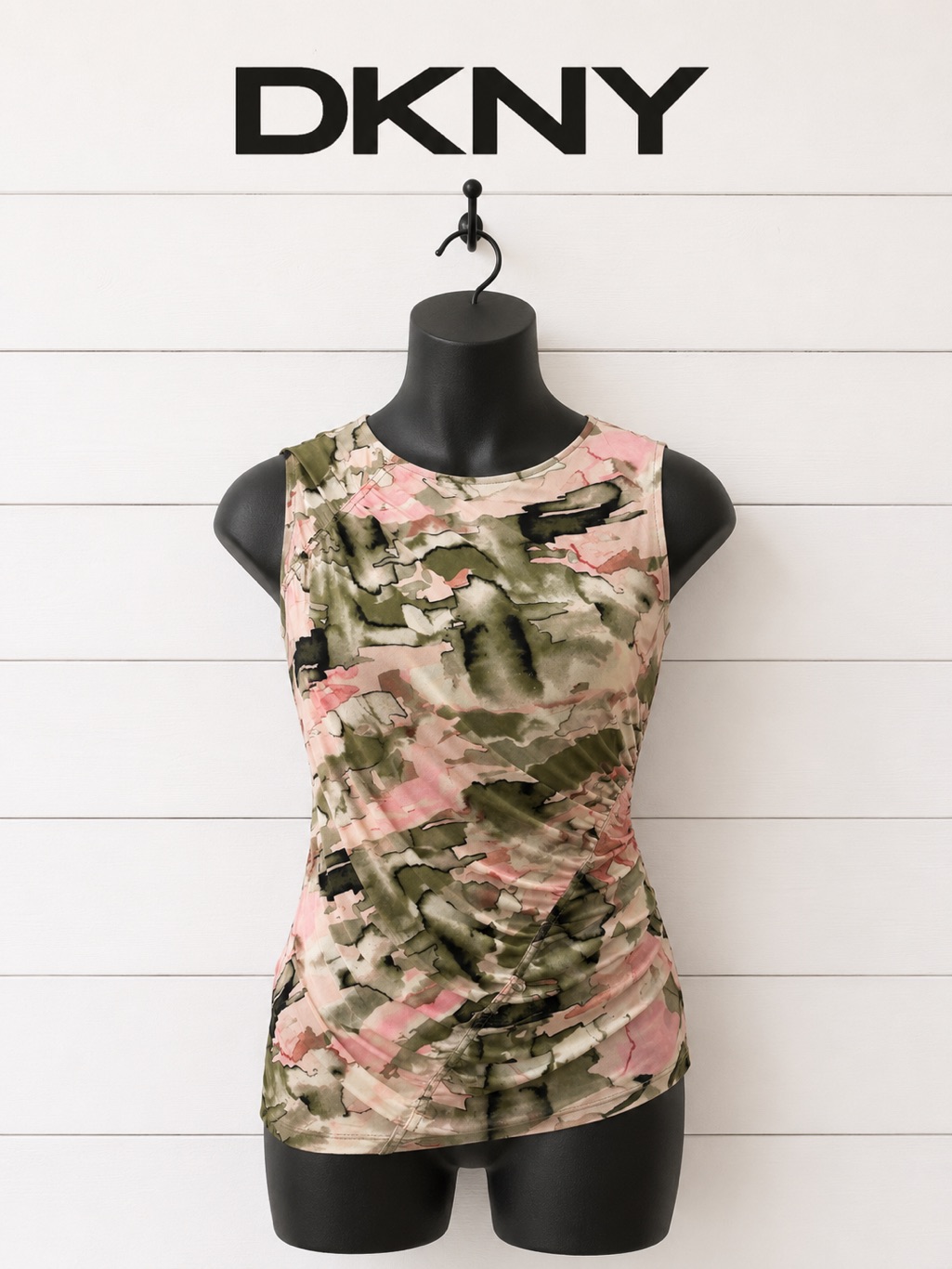 Dkny Pink & Olive Abstract Print Ruched Top Size S